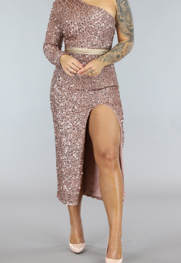 OP=OP.25.NL Rose Longsleeve Glitter Jurk met Split