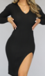 Zwarte Rib Midi Jurk met Split en V-Hals