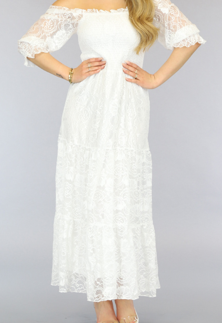 Kanten Witte Maxi Jurk met Scrunch Details