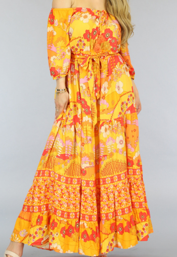 BF2023 Oranje Off-Shoulder Maxi Jurk met Bloemenprint