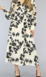 BF2023 Beige Satin Maxi Jurk met Zwarte Bloemenprint