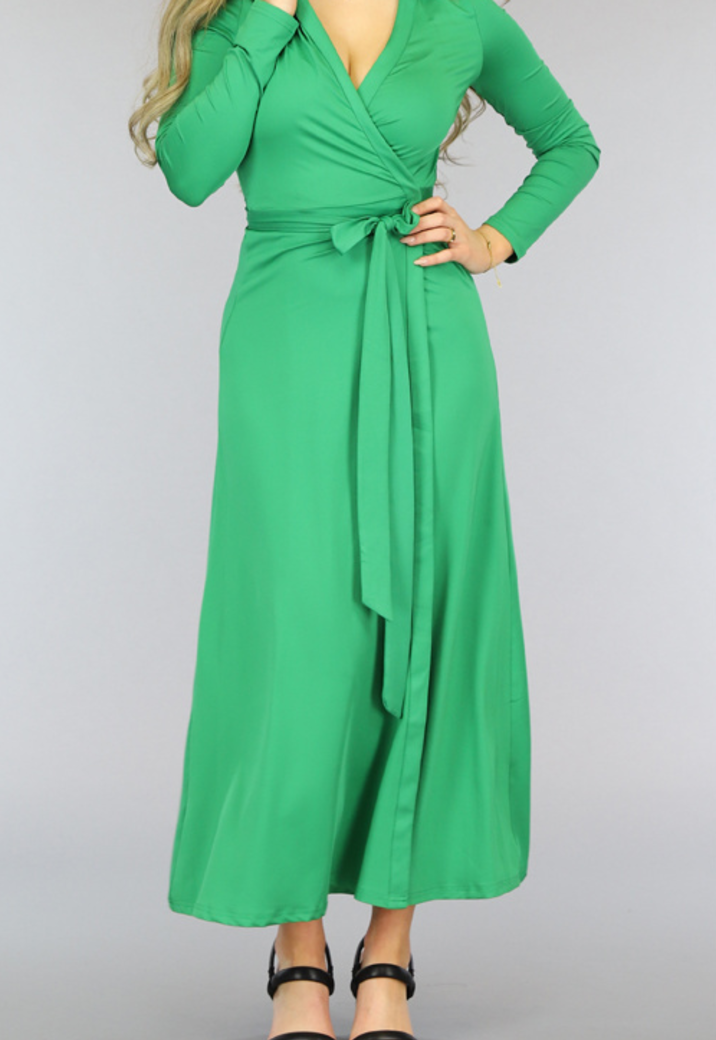 Groene Maxi Overslag Jurk met Knoopdetail