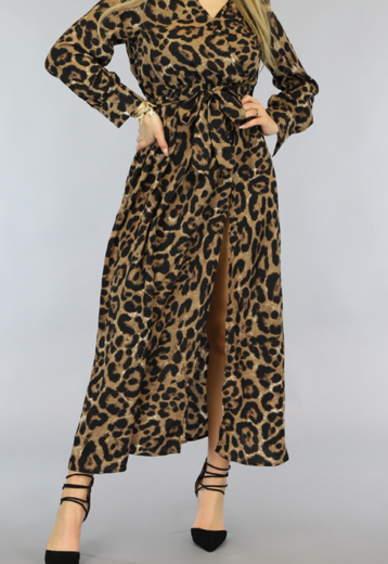 BF2023 Cheetah Maxi Jurk met Split en Tailleband