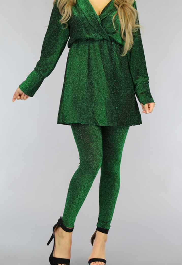 Groen Longsleeve Glitter Jurkje met Knoopjes