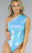 Blauwe Holografische Metallic One Shoulder Bodysuit