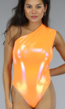 Oranje Holografische Metallic One Shoulder Bodysuit