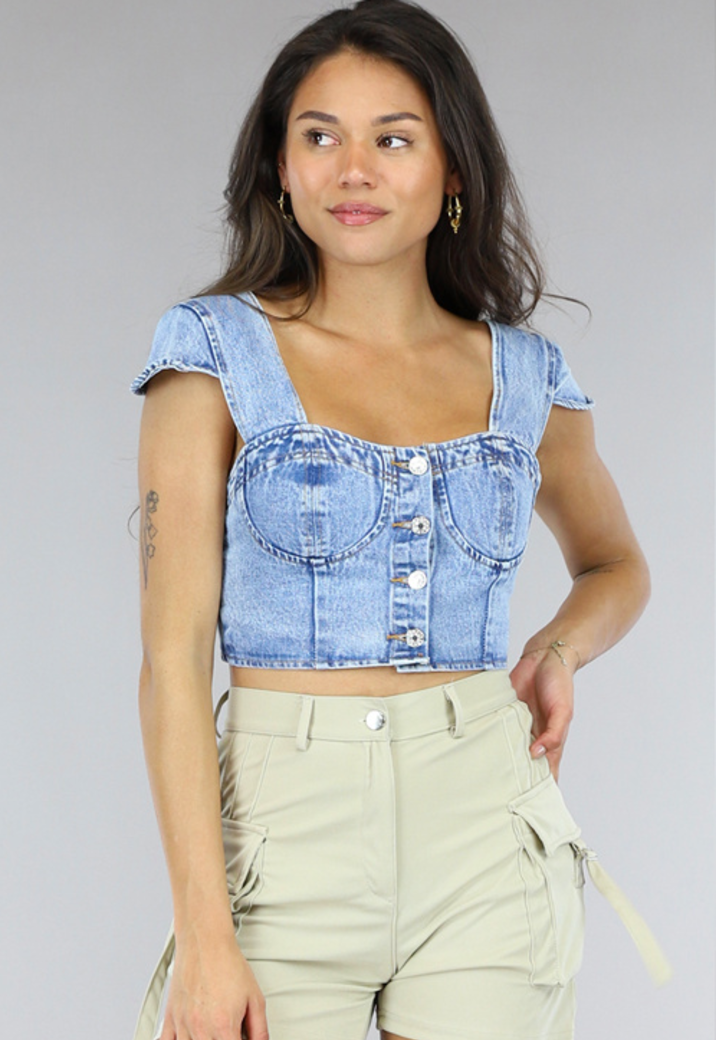 Denim Bustier met Korte Mouwtjes