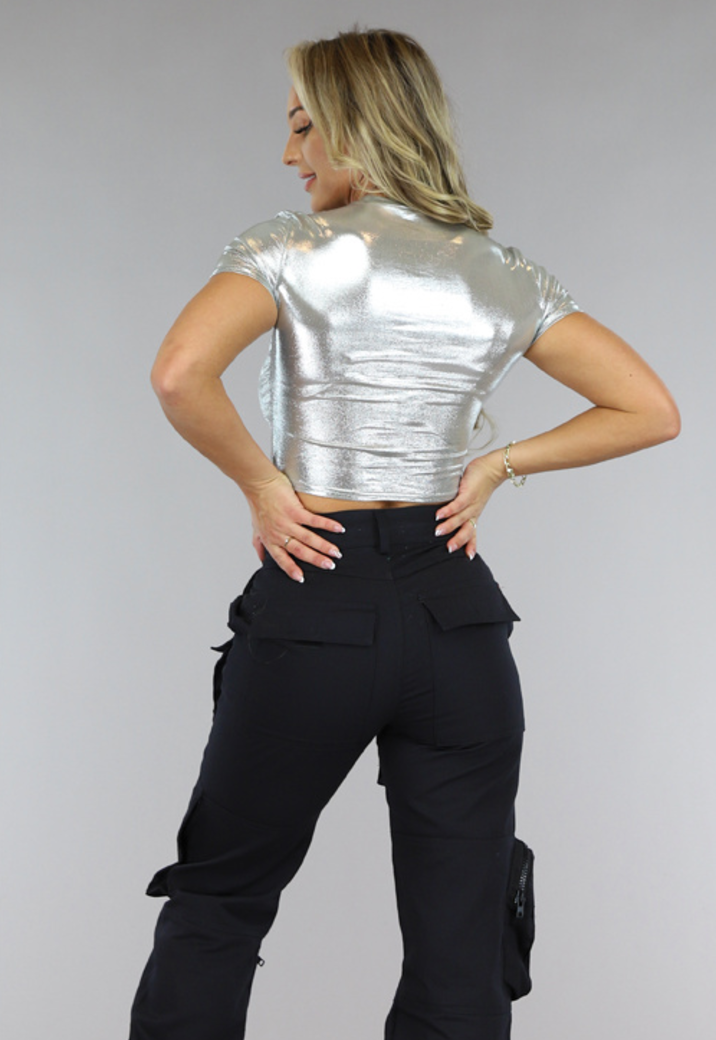 Zilveren Metallic Cropped T-Shirt