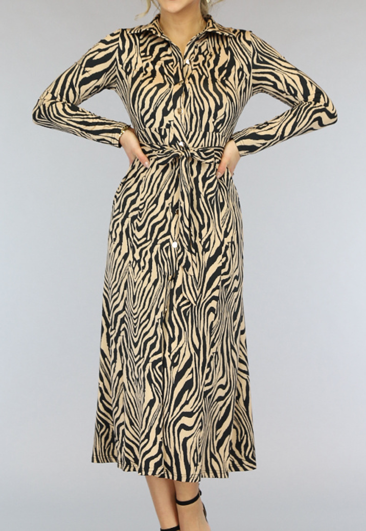 Maxi Jurk met Beige Zebraprint en Tailleband