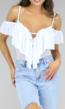 Witte Off-Shoulder Ruffle Bodysuit met Mesh Lijfje