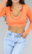 Oranje Rib Longsleeve Crop Top met Lage Ronde Hals