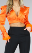 Oranje Satin Wikkel Top met Veertjes