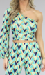 Groene One Shoulder Top met Retro Print