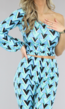 Blauwe One Shoulder Top met Retro Print