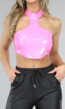 Neon Roze PVC Halter Crop Top met Haaksluiting