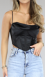 Zwarte Satin Korset Top met Gedrapeerd Detail