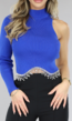 Blauwe One Sleeve Rib Top met Strass