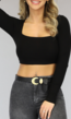 BF2023 Zwarte Rib Crop Top met Lange Mouwen