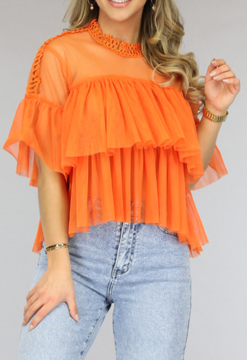 BF2023 Oranje Ruffle Tule Top met Korte Mouwtjes