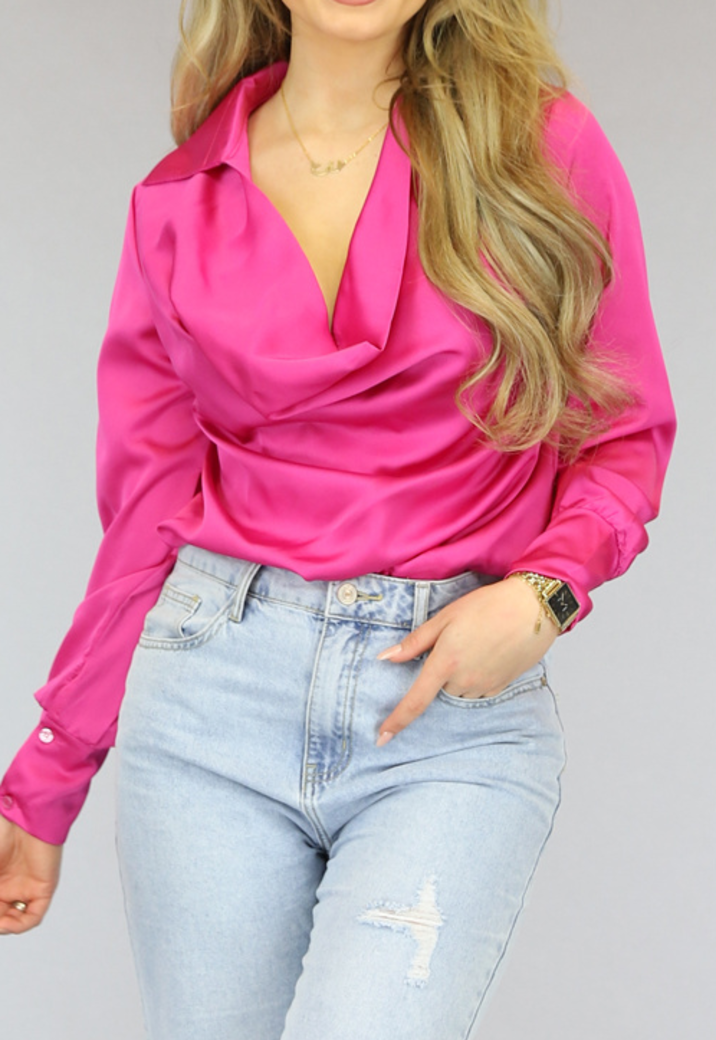 Fuchsia Satin Gedrapeerde Blouse