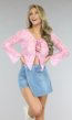 Mesh Top met Flair Mouwen en Veterdetail in Roze