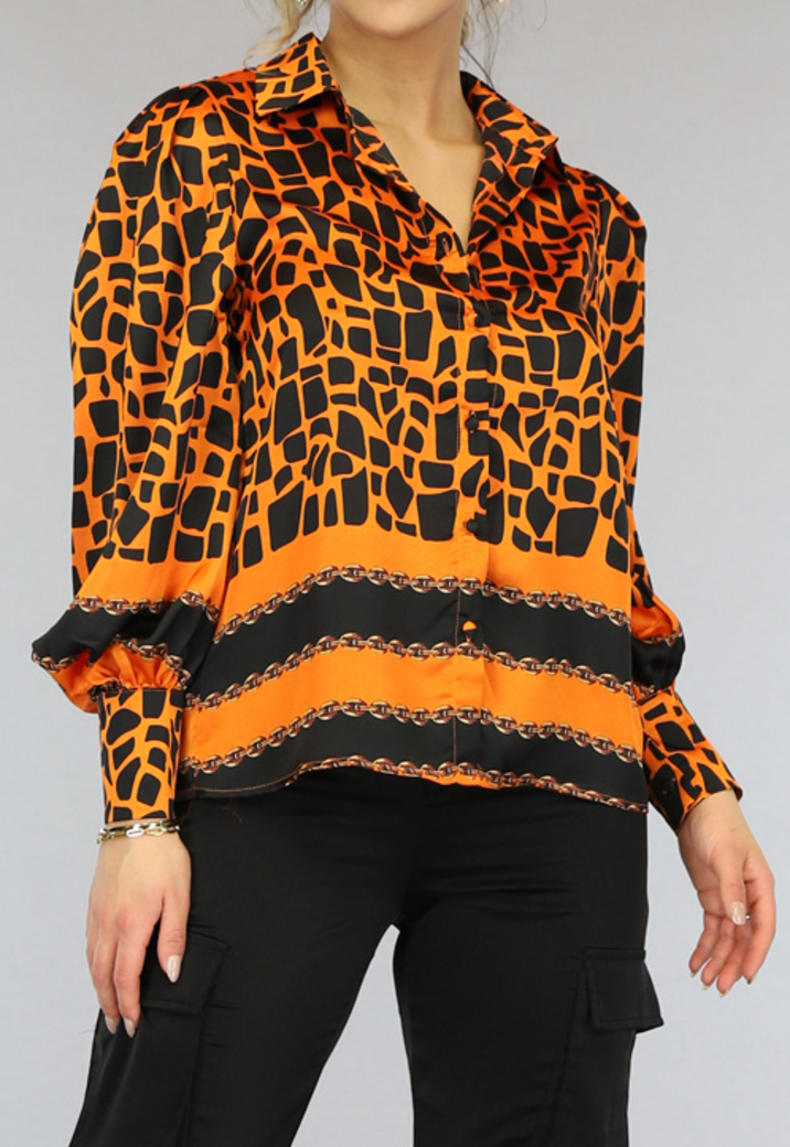 Oranje Loose-Fit Blouse met Giraf en Chain Print