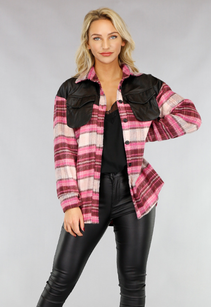 Roze Flanellen Blok Blouse met Lederlook