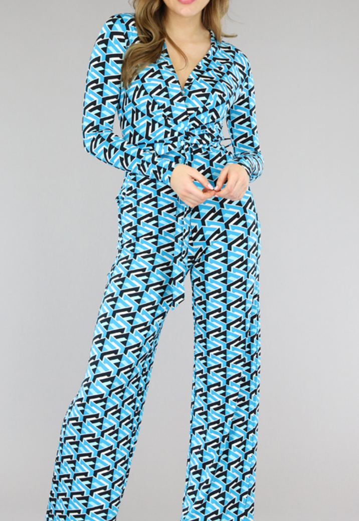 Blauwe Wide Leg Jumpsuit met Tailleband met Geometrische Print