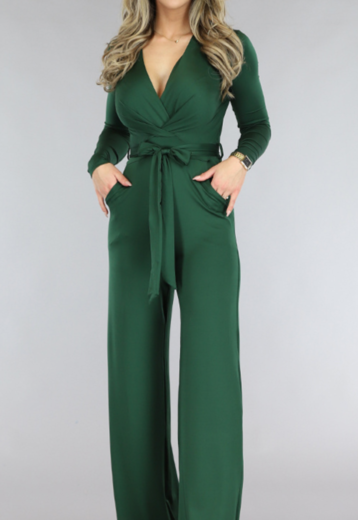 Groene Jumpsuit met Wijde Pijpen en Tailleband