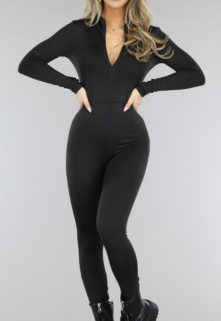 Effen Zwarte Jumpsuit met Haaksluiting