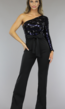 Zwart/Blauwe One Shoulder Jumpsuit met Pailletten