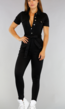 BF2023-1 Zwarte Stretch Jeans Jumpsuit met Knopen