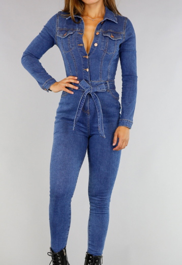 BF2023 Longsleeve Stretch Jeans Jumpsuit met Knopen