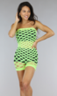 Neon Gele Strapless Fishnet Playsuit met Glitters