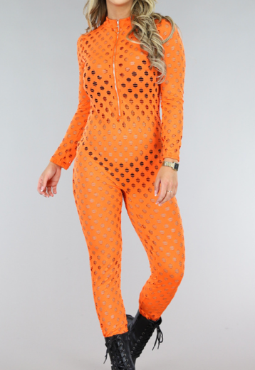 BF2023 Oranje See-Through Jumpsuit met Gaten