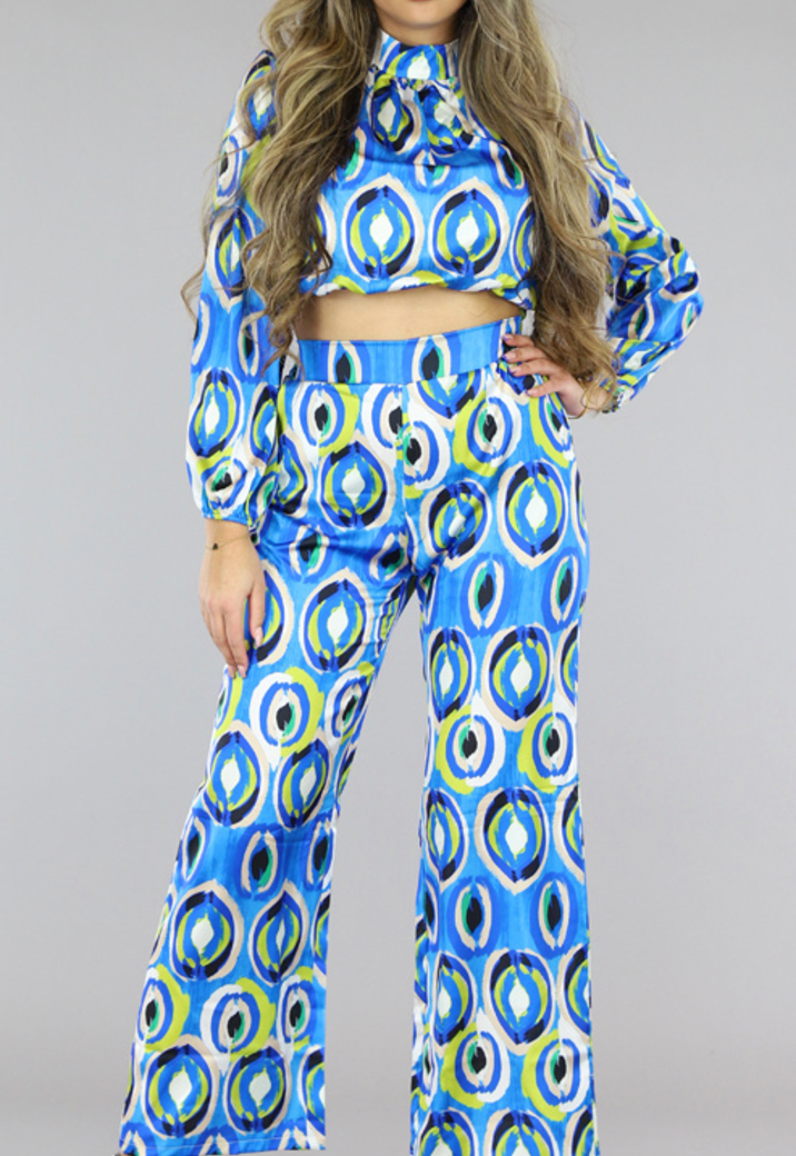 Blauwe Satijnen 2-Piece met Print