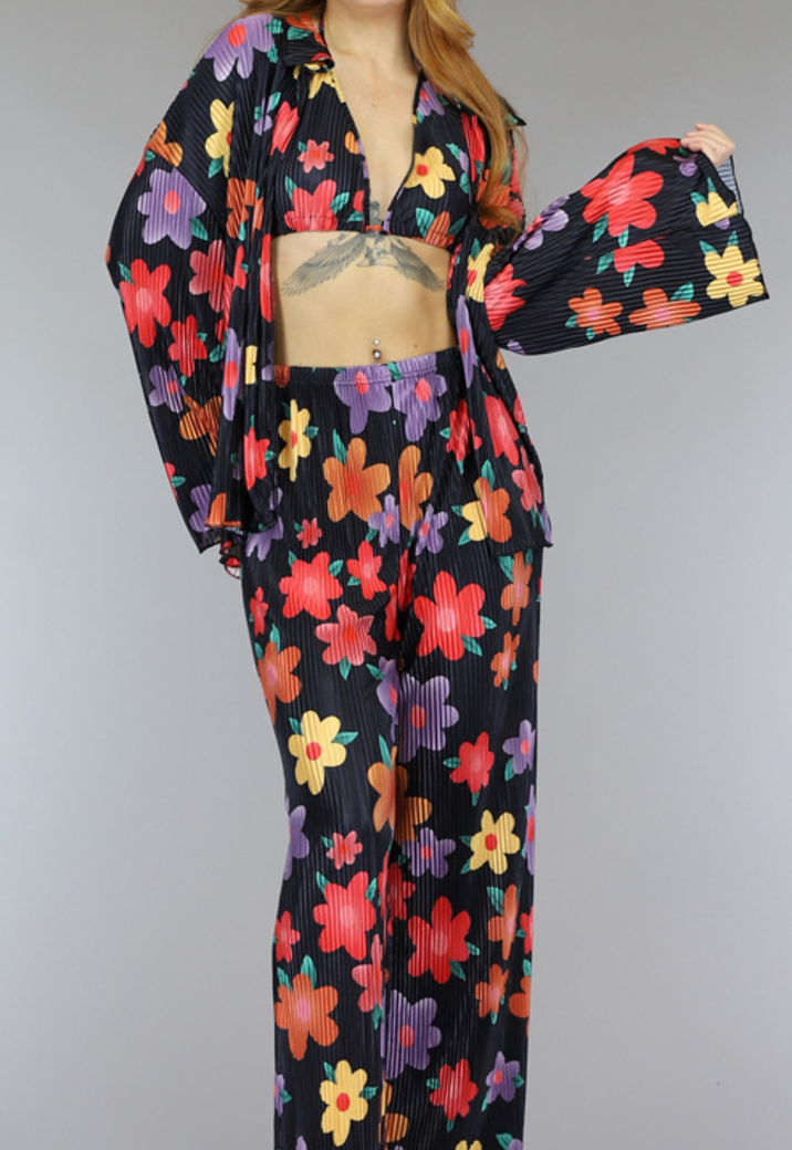 3-Piece Multicolor Plissé Set met Bloemenprint