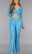 Blauwe Glitter 2-Piece met Wikkel Crop Top en Flair Broek