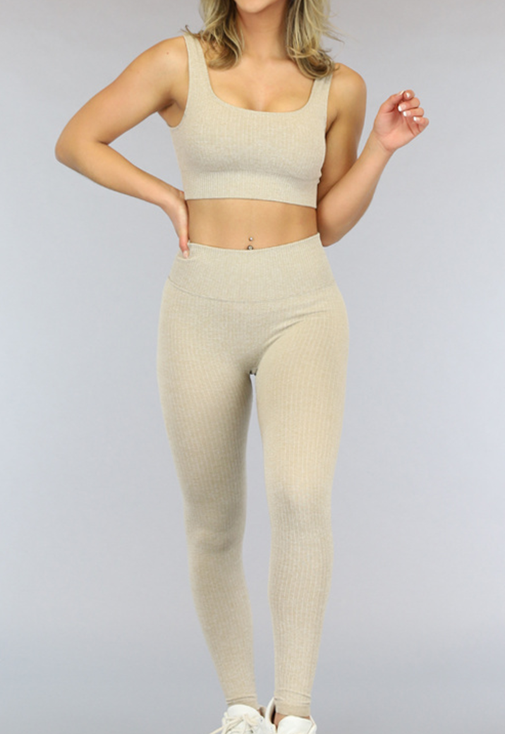 Beige High Waist Sport Setje met Ribbelpatroon