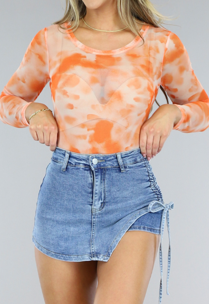 Oranje Mesh Longsleeve Bodysuit met Print