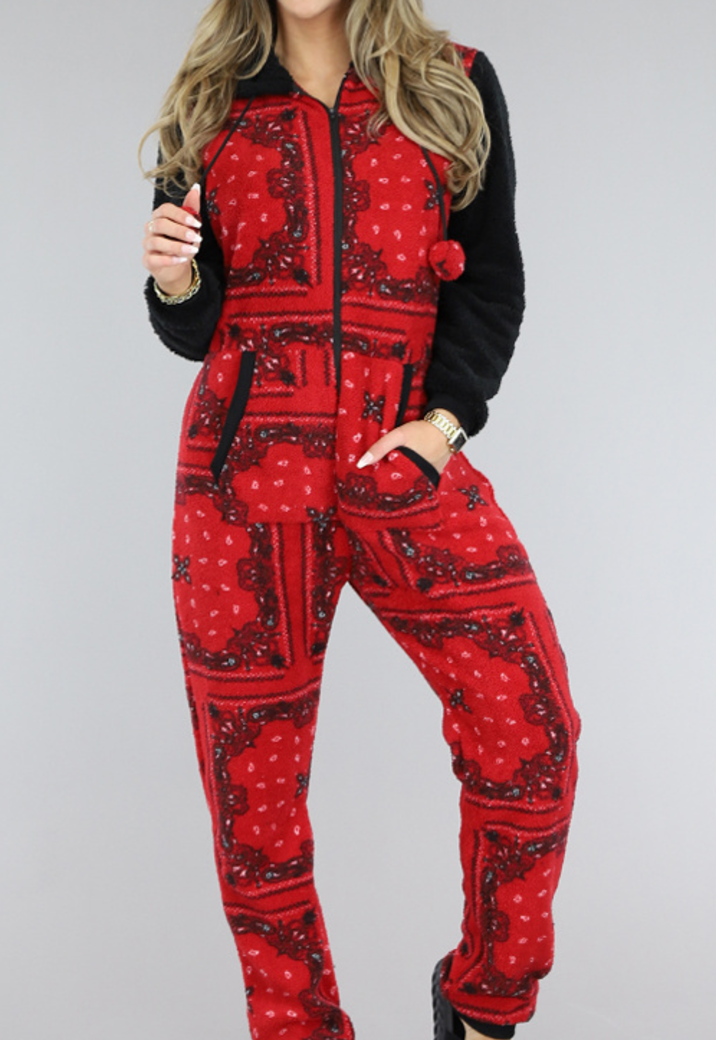 Rode Christmas Onesie met Zwarte Mouwen