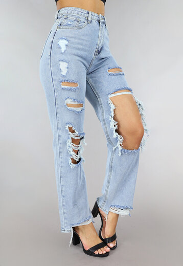 NEW1406 Damaged Denim Straight Leg Jeans