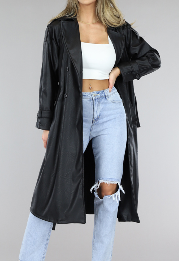 Zwarte Lederlook Trenchcoat met Knoopsluiting