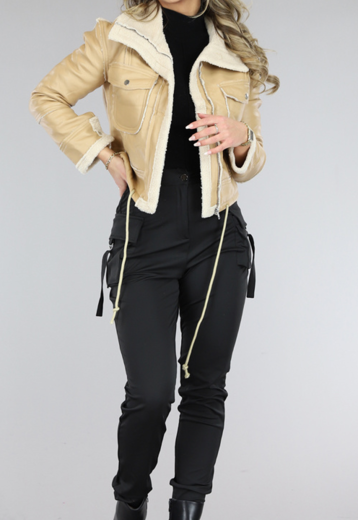 OP=OP! Beige Lederlook Lammy Jas met Teddy