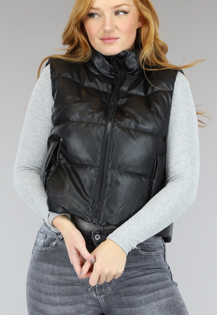 Zwarte Gewatteerde Lederlook Bodywarmer