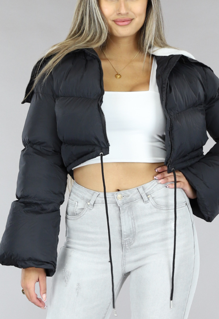 Zwarte Cropped Puffer Jas met Teddy Voering