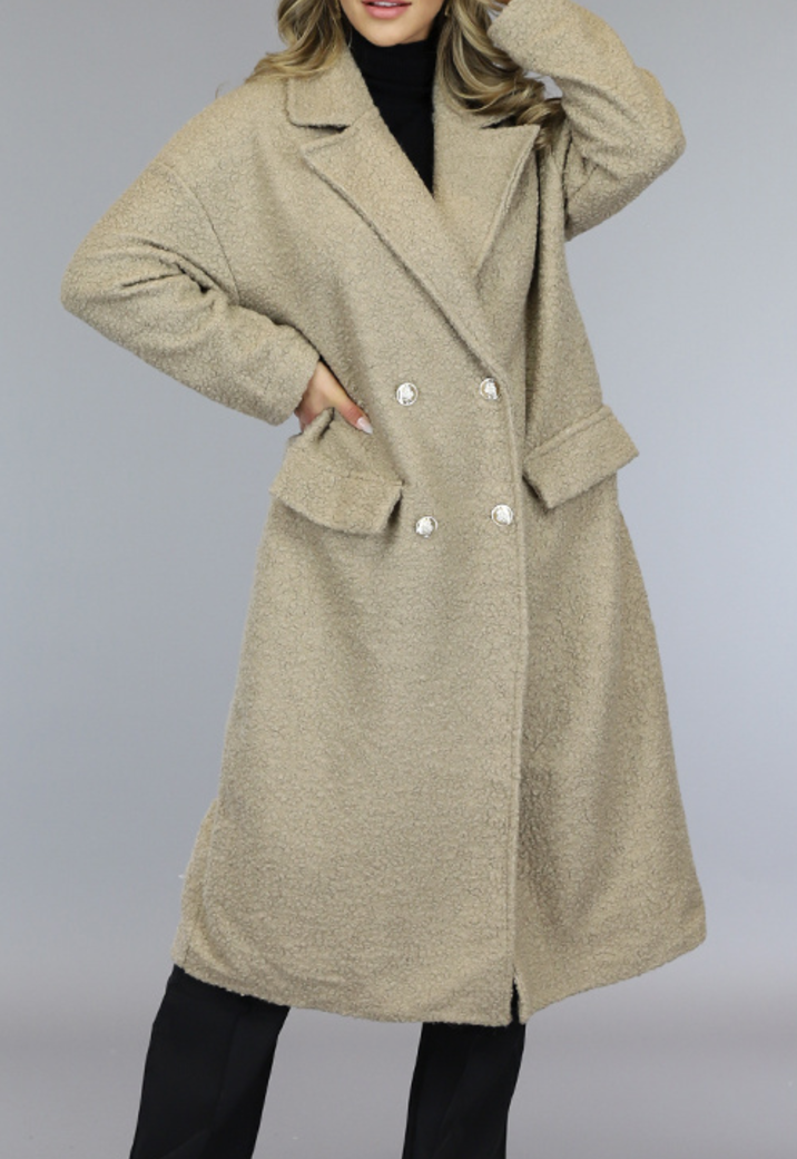 Lange Camel Faux Fur Trenchcoat met Gouden Knopen