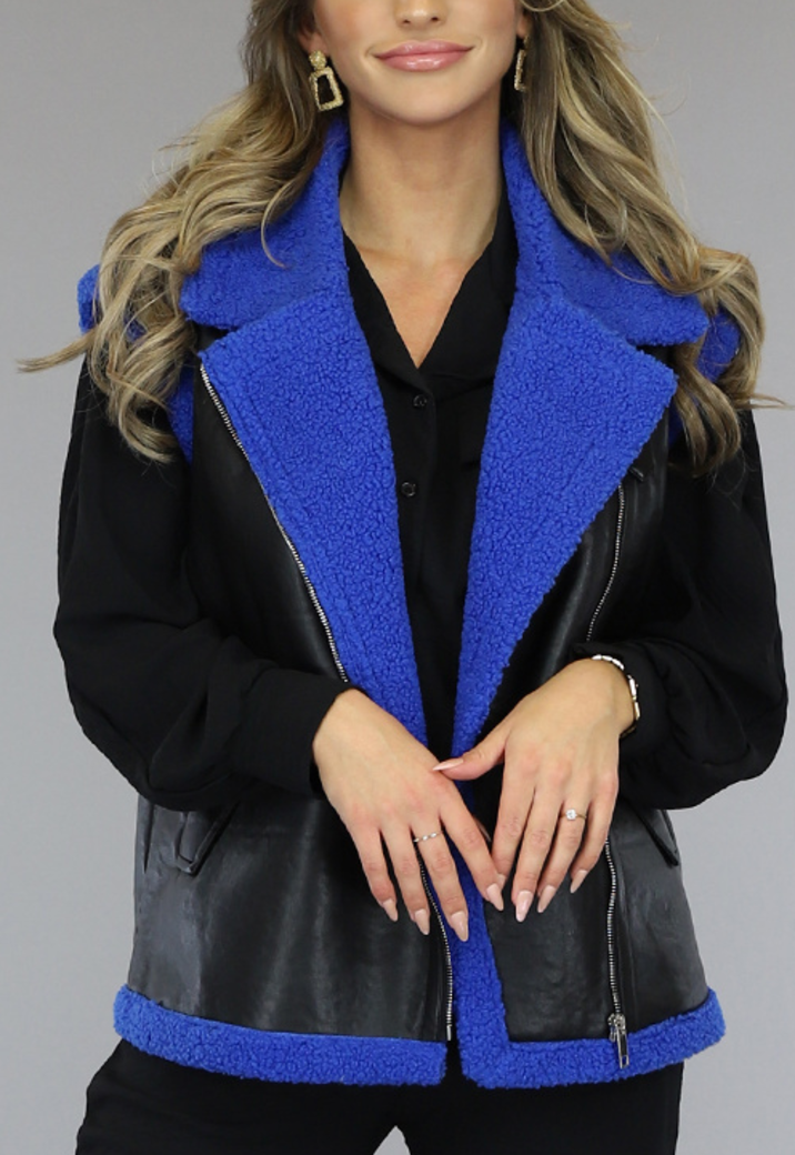 Zwart/Blauwe Lederlook Gilet met Teddy Details