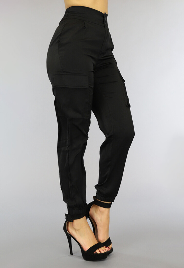 Zwarte High Waist Satin Cargo Broek