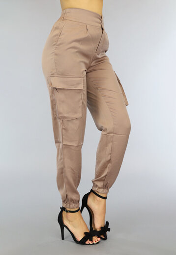 OP=OP! Bruine High Waist Satin Cargo Broek